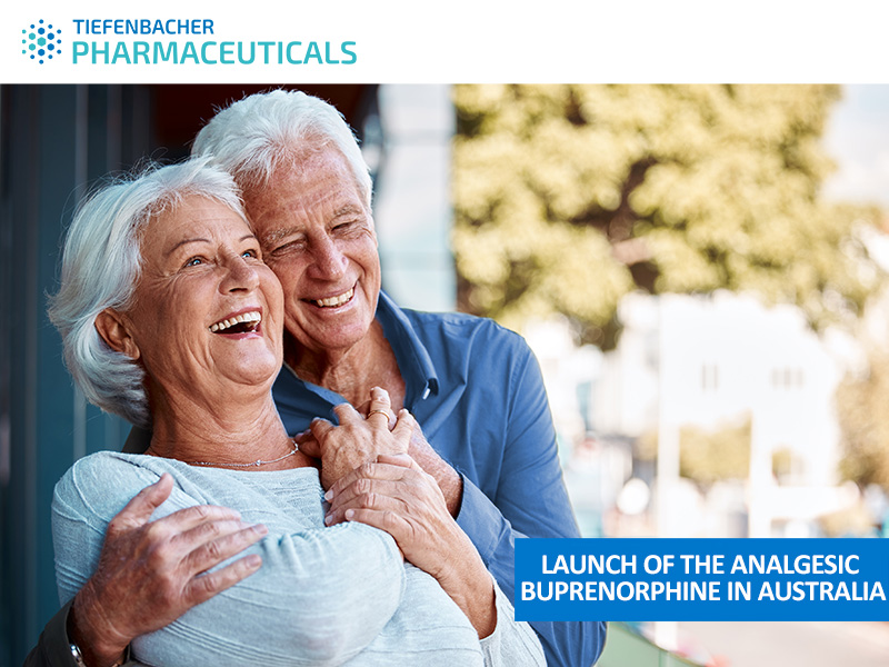 Tiefenbacher Group - An older smiling couple embraces outdoors. The image features the logo "Tiefenbacher Pharmaceuticals," a family-owned pharmaceutical company, and a banner reading "Launch of the analgesic buprenorphine in Australia.