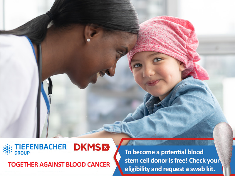 Tiefenbacher Group - A female healthcare worker smiles and touches foreheads with a young child in a pink headscarf. Text encourages becoming a stem cell donor, highlighting support from pharmaceutical healthcare solutions and providing instructions for eligibility and swab kits.