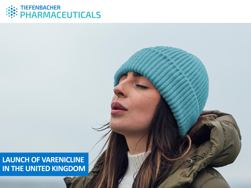 Tiefenbacher Group - A woman in a blue knit hat and winter coat stands outdoors with eyes closed. Text reads, "Launch of Varenicline in the United Kingdom." The TIEFENBACHER Pharmaceuticals logo, a family-owned pharmaceutical company, appears at the top left.