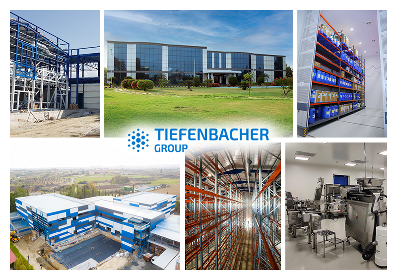 Tiefenbacher Group - A collage showcases Tiefenbacher Group facilities, highlighting modern glass-fronted offices, industrial buildings, manufacturing equipment, and the Tiefenbacher Group logo, reflecting their commitment to patient-centric drug development and pharmaceutical healthcare solutions.