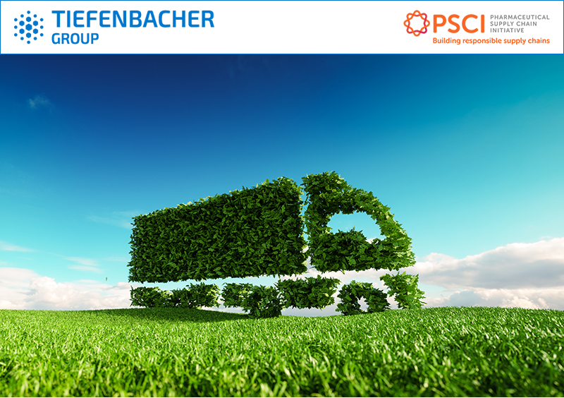 Tiefenbacher Group - A truck shape made of green foliage stands on grass under a blue sky, symbolizing eco-friendly pharmaceutical healthcare solutions. TIEFENBACHER GROUP and PSCI logos appear at the top of the image.