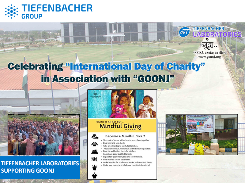 Tiefenbacher Group - Banner for Tiefenbacher Group's "International Day of Charity" event with GOONJ, featuring photos of volunteers, donations, and a mindful giving poster set against the family-owned pharmaceutical company's laboratory building backdrop.